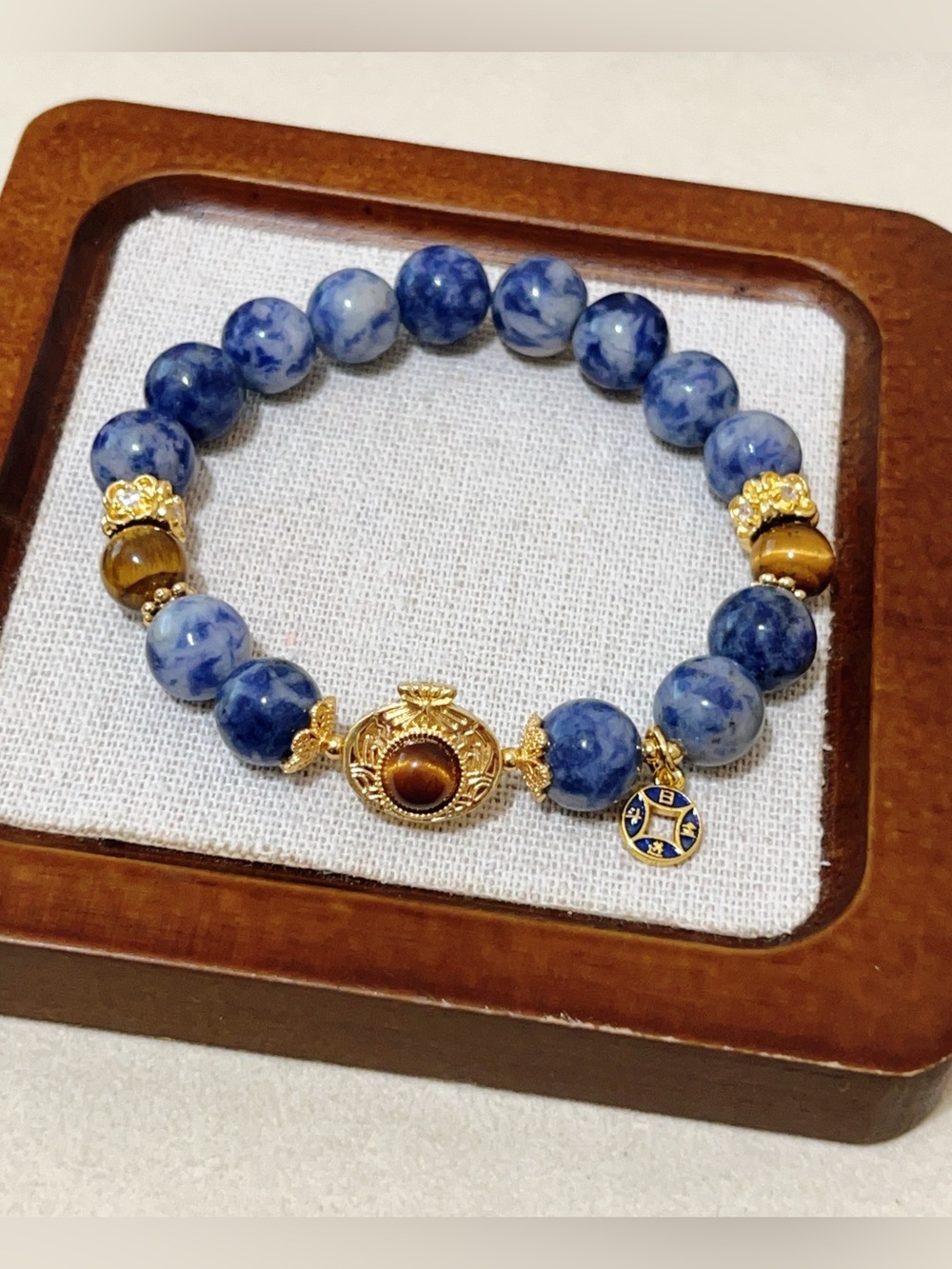 Handmade Blue Sodalite & Tiger Eye Stone Lucky Money Bag Charm Bracelet 10.5mm